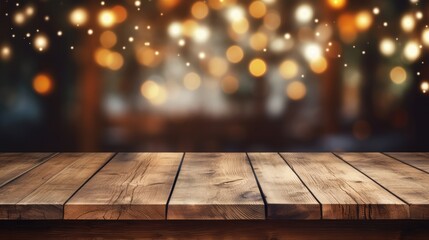 Old wood table top with with golden bokeh effects background. Mock up for display