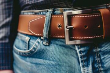 leather belt on a mans waist with jeans - obrazy, fototapety, plakaty