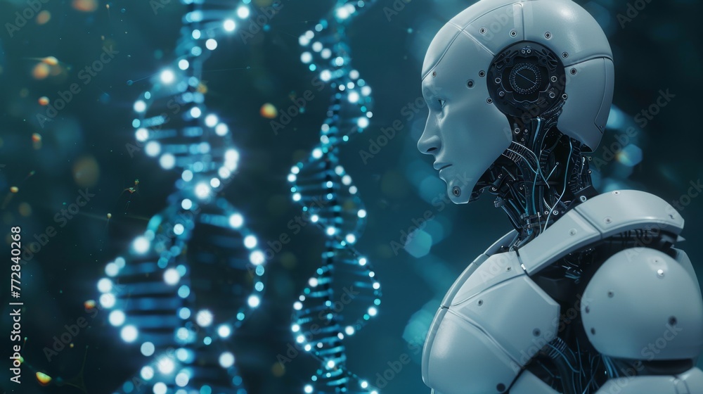 Poster futuristic humanoid robot interacting with dna helix visualization