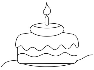 Continuous Single Line Drawing of Birthday Cake with Candles: Sweet Celebration Symbol in Simple Linear Style. Editable Stroke. Doodle Vector Illustration of Pastry Confectionery Icon Concep