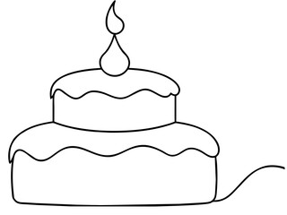 Continuous Single Line Drawing of Birthday Cake with Candles: Sweet Celebration Symbol in Simple Linear Style. Editable Stroke. Doodle Vector Illustration of Pastry Confectionery Icon Concep