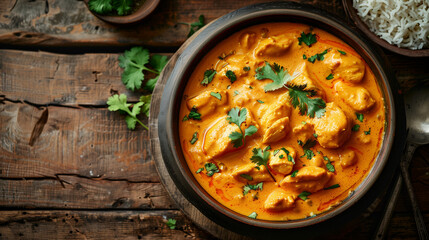 Tasty Chicken Korma Curry dish on rustic table 