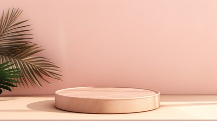 A circular podium with tropical palm leaves on a pastel pink and beige background. Minimal abstract background, showcase, exhibition stand for the presentation of a cosmetic product.