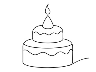 Continuous Single Line Drawing of Birthday Cake with Candles: Sweet Celebration Symbol in Simple Linear Style. Editable Stroke. Doodle Vector Illustration of Pastry Confectionery Icon Concep