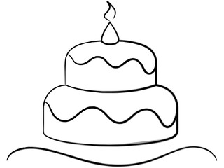 Continuous Single Line Drawing of Birthday Cake with Candles: Sweet Celebration Symbol in Simple Linear Style. Editable Stroke. Doodle Vector Illustration of Pastry Confectionery Icon Concep