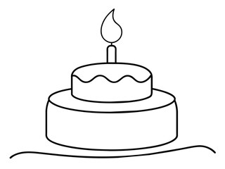 Continuous Single Line Drawing of Birthday Cake with Candles: Sweet Celebration Symbol in Simple Linear Style. Editable Stroke. Doodle Vector Illustration of Pastry Confectionery Icon Concep