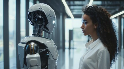 Woman Standing Next to Robot in Hallway