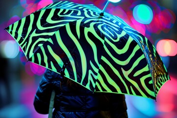 Fototapeta na wymiar person holding umbrella with neon zebra pattern