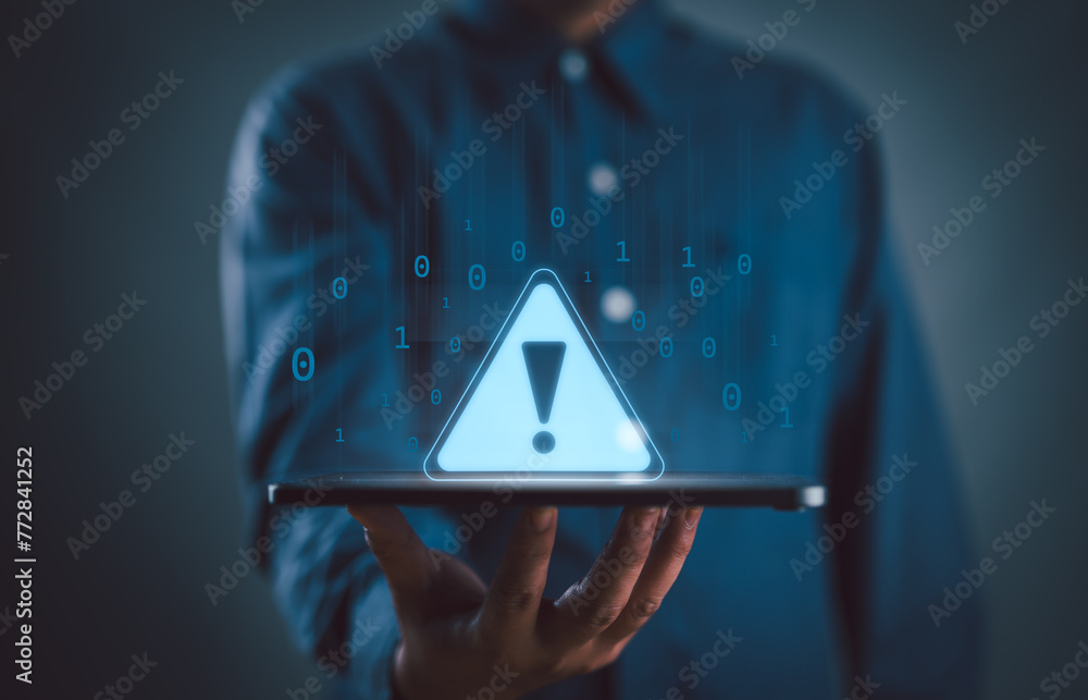Poster tablet shows a warning sign of system failure concept caution danger.