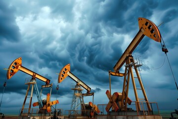 group of oil pumps shot under stormy sky - obrazy, fototapety, plakaty