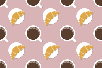 Cup of coffee and a croissant isolated on a pink background. Seamless pattern. Flat style. Background for paper, cover, textile, interior decor.