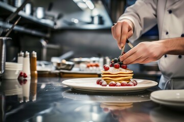 Obraz na płótnie Canvas chef garnishing pancakes with berries in a restaurant kitchen