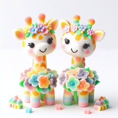 a cute couple giraffe made of pastel color rainbow gummy candy on a white background