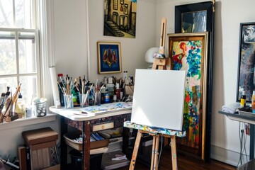 A dual-purpose work desk and art studio, with an easel, canvas, and paints, allowing for seamless transition between work and creative expression, Generative AI