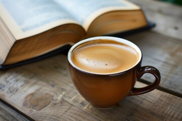 placing a warm cup of coffee on a wooden table near a book