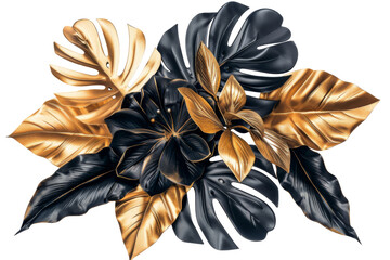 Glossy Golden and black leaves flowers for luxury decoration element isolated on background, shiny botanical plant, summer beautiful bouquets.