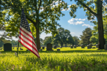 US Flag honoring fallen heroes at military cemetery