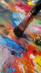 Close-up of a paintbrush on colorful canvas