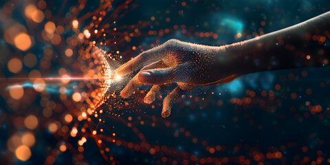 hand constellation, Healing Hands Glowing with Light Energy Reaching Out to Touch a Floating Glowing Orb with Sound Wave
 - obrazy, fototapety, plakaty