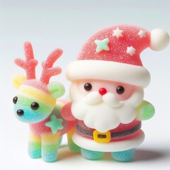 Fototapeta premium a cute santa with reindeer made of pastel color rainbow gummy candy on a white background