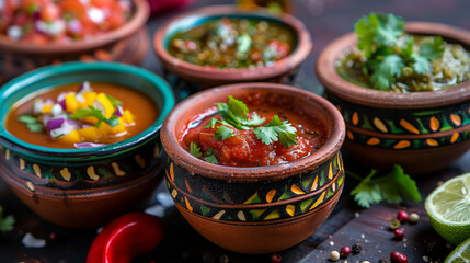 Vibrant Mexican salsas assortment in traditional clay pots - obrazy, fototapety, plakaty