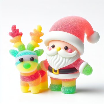 a cute santa with reindeer made of pastel color rainbow gummy candy on a white background