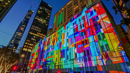 Transforming city buildings into colorful canvases with dazzling light projections and animations