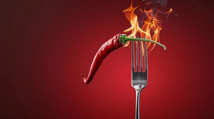 Foto op Aluminium a red hot chili pepper on a fork with flames © PROSTOCK