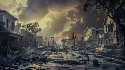 Illustrate a scene showing the destruction caused by natural disasters intensified by climate change. - obrazy, fototapety, plakaty