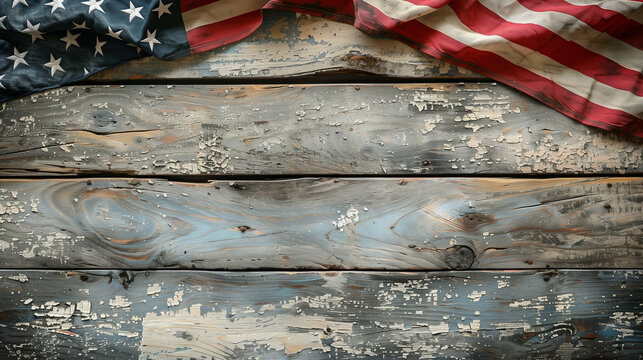 Vintage American flag on white wooden background, Memorial Day concept