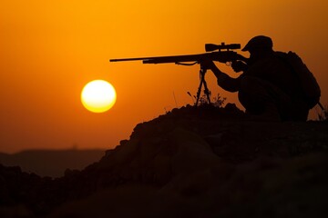 sniper silhouetted against a setting sun - obrazy, fototapety, plakaty