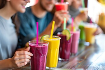 friends enjoying colorful smoothies in a modern juice bar - obrazy, fototapety, plakaty