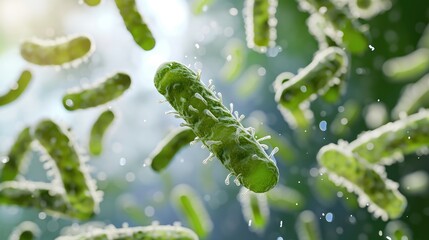 Fototapeta premium Microscope view of vibrant green bacterial cells flowing, rod-shaped bacteria