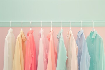 row of colorful shirts on white hooks against a pastel wall