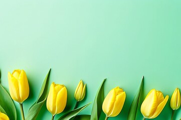 Background with bouquet of tulips, yellow flowers on a green background. Flat lay, top view. - Powered by Adobe