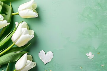 Background with bouquet of tulips, White flowers on a white background. Flat lay, top view.