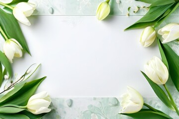 Background with bouquet of tulips, White flowers on a white background. Flat lay, top view.
