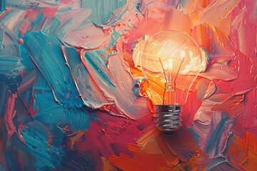Creativity concept illustration, lightbulb made from oil paint mix on canvas - obrazy, fototapety, plakaty