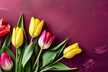 Background with bouquet of tulips, yellow flowers on a red background. Flat lay, top view.
