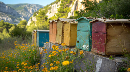 Multi-colored beehives in the forest. Bees in flight on a sunny spring day and beautiful mountains
