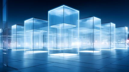 Abstract Design Background, Perspective structure with perfect symmetry, Opaque white pure glass curtain wall with blue light, grid work. For Design, Background, Cover, Poster, Banner, PPT, KV design,