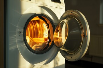 washing machine door ajar with light illuminating interior