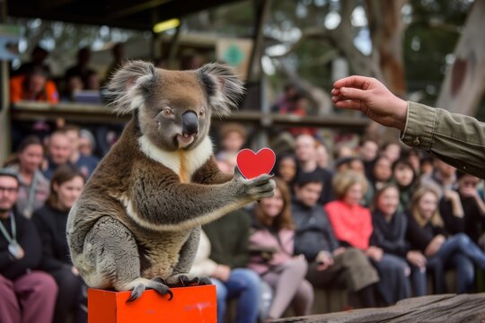 koala receiving heartshaped medal from zookeeper, crowd watching