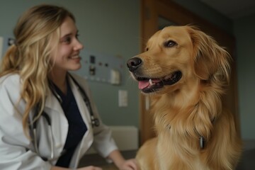 Vet smiles at a golden retriever in a clinic
