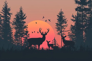 Black Silhouette of Deer Family with Baby in Forest at Sunset, Wildlife Adventure Landscape, Vector Illustration