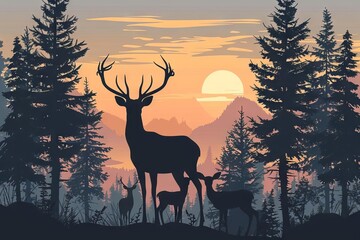 Black Silhouette of Deer Family with Baby in Forest at Sunset, Wildlife Adventure Landscape, Vector Illustration