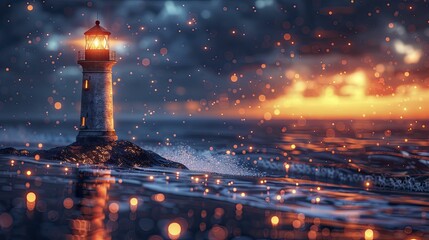 Abstract portrayal of a lighthouse beaming out data signals, on a guidance through data background, concept for guiding industries with data insights - obrazy, fototapety, plakaty