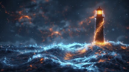 An innovative depiction of a lighthouse transmitting data signals amidst a data-driven landscape, aimed at illuminating industries with valuable insights. - obrazy, fototapety, plakaty
