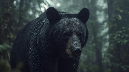 A black bear stands in a thick forest.