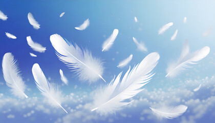 Abstract White Bird Feathers Falling in The Sky. Feathers Floating in Heavenly
